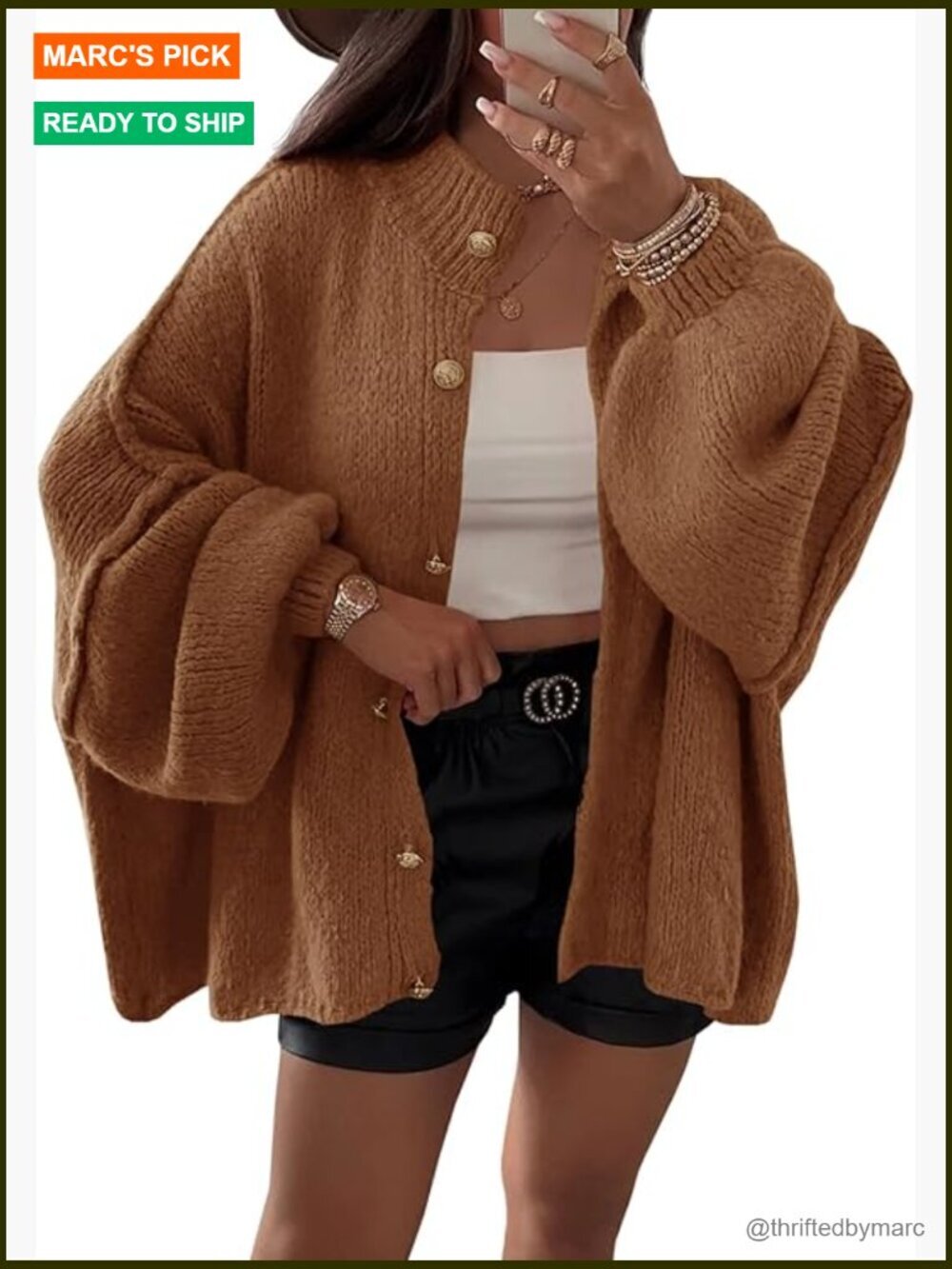 Womens Oversized Lantern Sleeve Cardigan Chunky Knit Button Down Sweater Coat